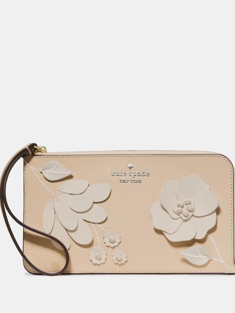 Kate Spade Lucy Floral Embellished Wristlet Leather Milk Glass Beigey Peach Nwt